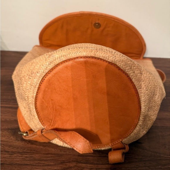 Street Level Shoulder Bag Backpack Raffia Tan Genuine Leather Boho Beach - Picture 7 of 15
